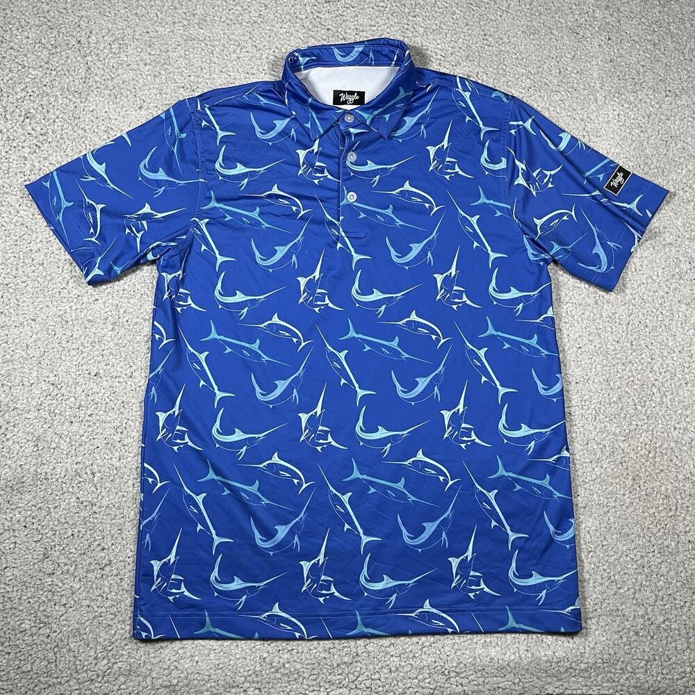 Waggle Polo Shirt Mens M Fish Marlin All Over Print Performance Golf Stretch AOP